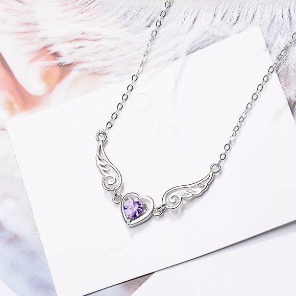 14k Gold Amethyst Angel Wing Heart Sterling Silver Bracelet/Anklet - Picture 3 of 10